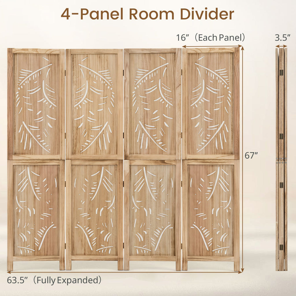 4-Panel Wooden Room Divider with Palm Leaf Design, 67" Tall