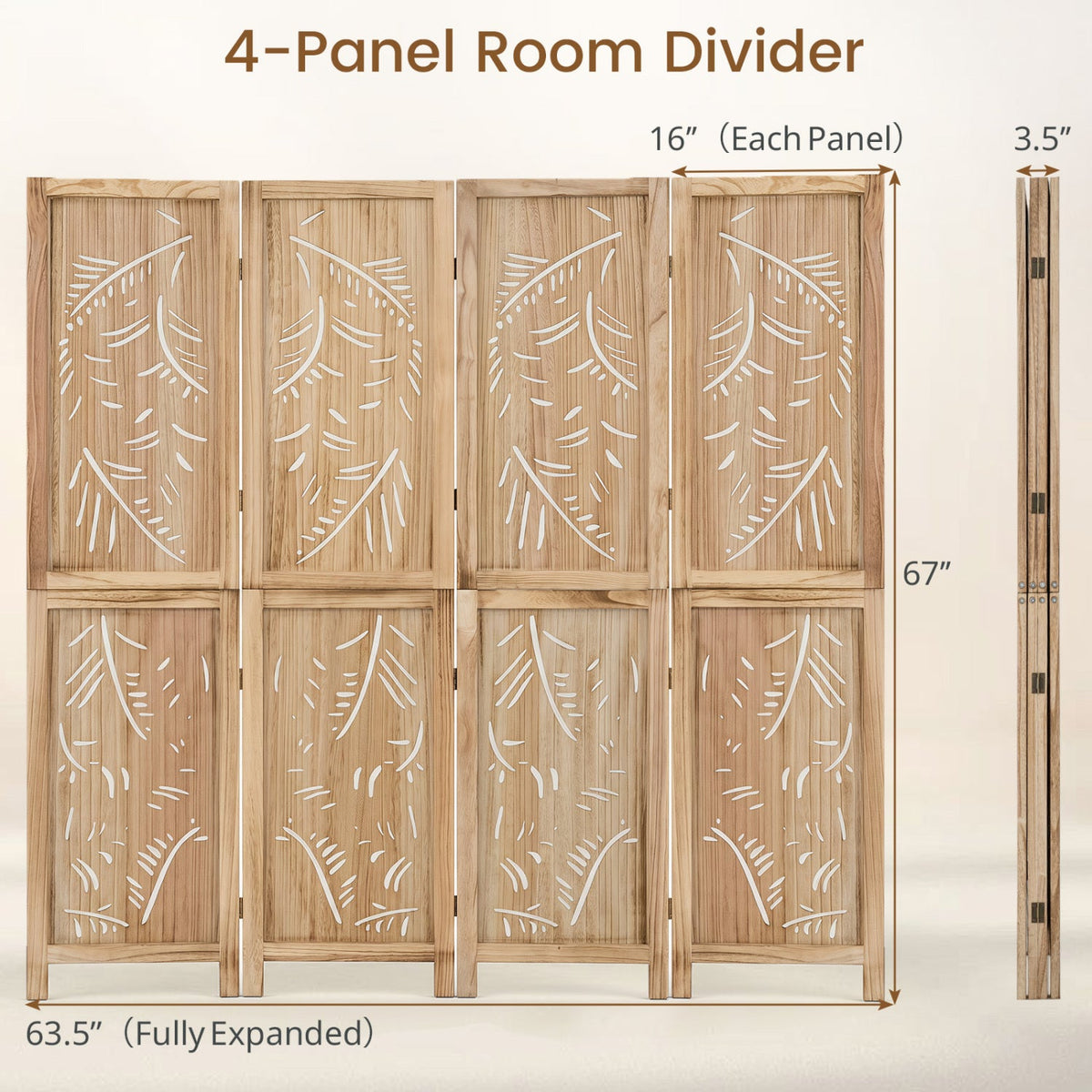 4-Panel Wooden Room Divider with Palm Leaf Design, 67" Tall