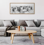 Sylvie Herd of Highland Cows Black and White Framed Canvas by The Creative Bunch Studio
