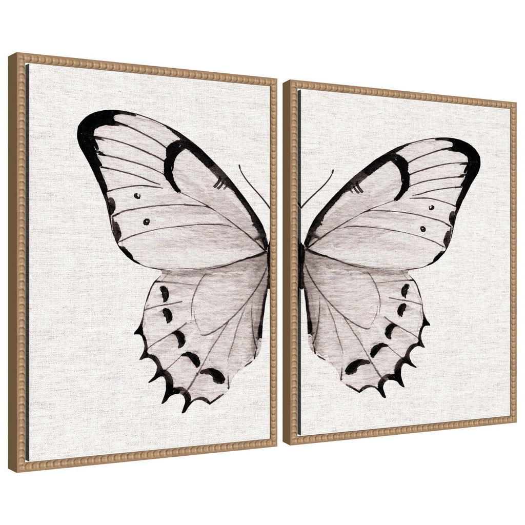 Sylvie Beaded Minimal Butterfly Watercolor Neutral Linen - 2 Piece Framed Canvas Art Set by The Creative Bunch Studio