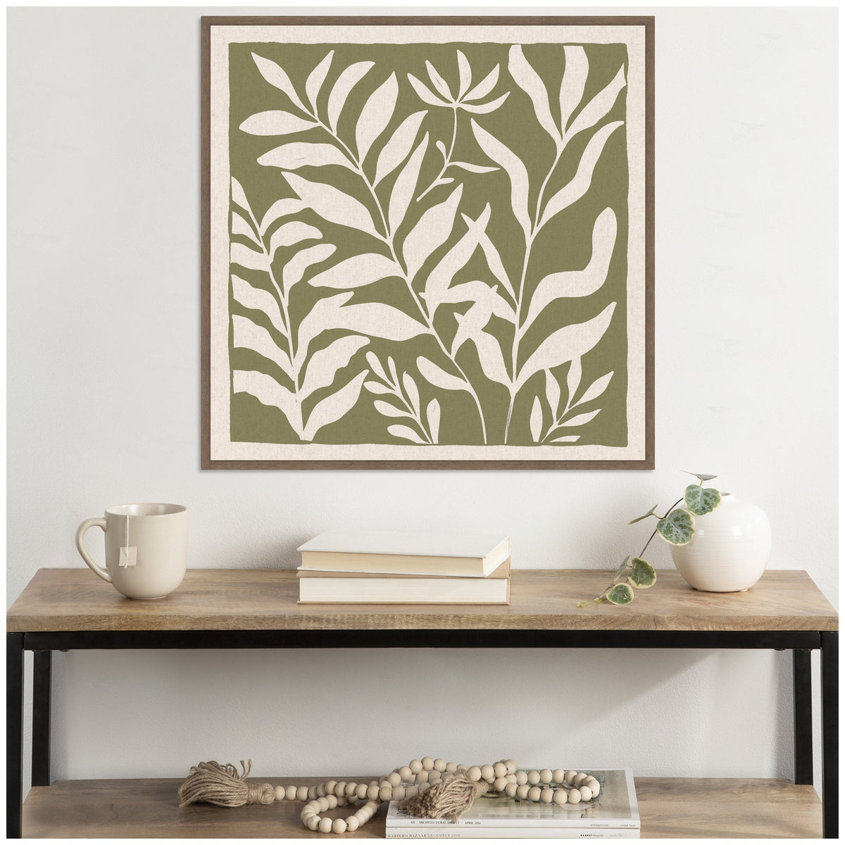 Sylvie Modern Minimalist Botanical Green and Neutral Linen Framed Canvas by The Creative Bunch Studio