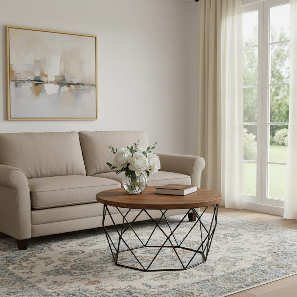 32 Brown And Black Solid Wood And Iron Round Frame Coffee Table