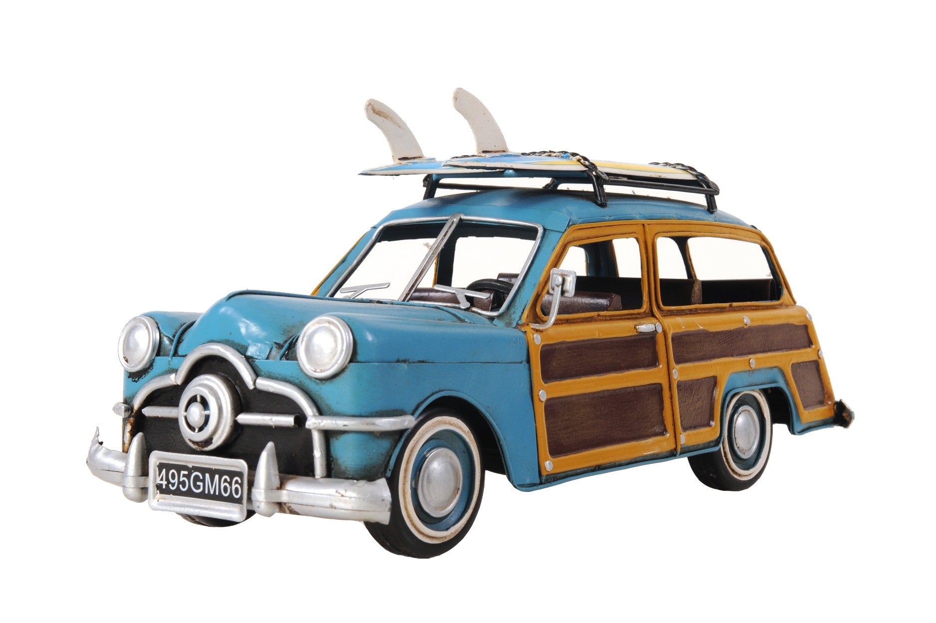 6 Blue And Yellow Metal Hand Painted Decorative Car