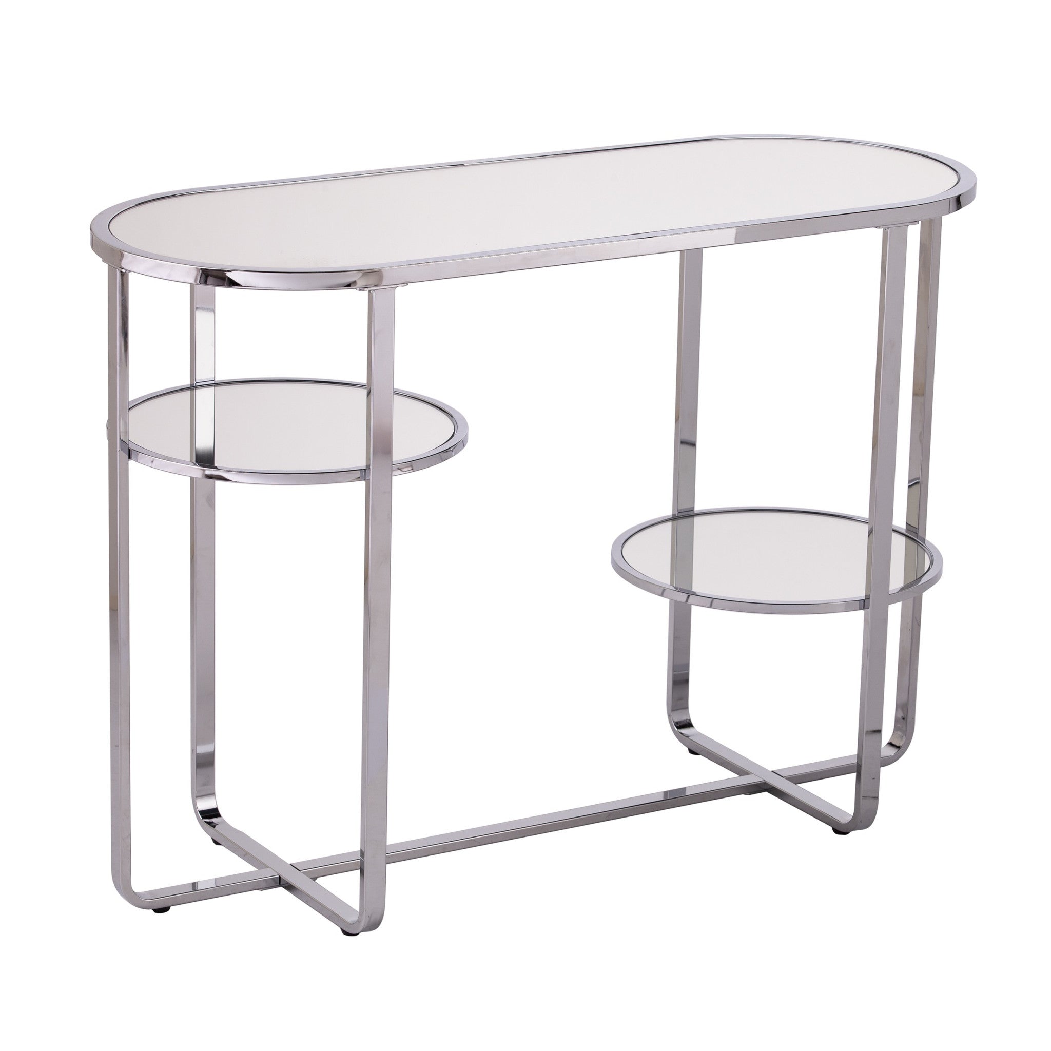 42 Clear and Silver Mirrored Glass Oval Frame Console Table With Storage
