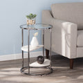 24 Black Metal Glass And Faux Marble Round End Table With Two Shelves