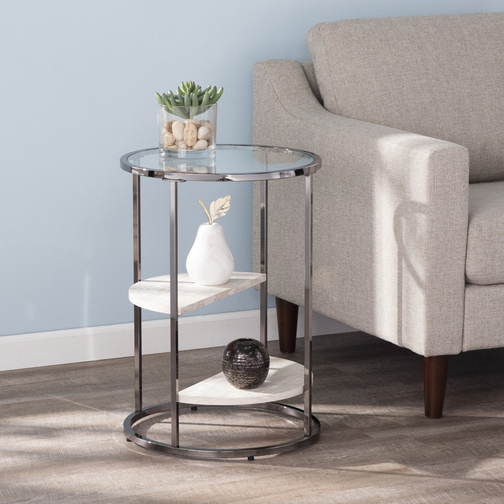 24 Black Metal Glass And Faux Marble Round End Table With Two Shelves