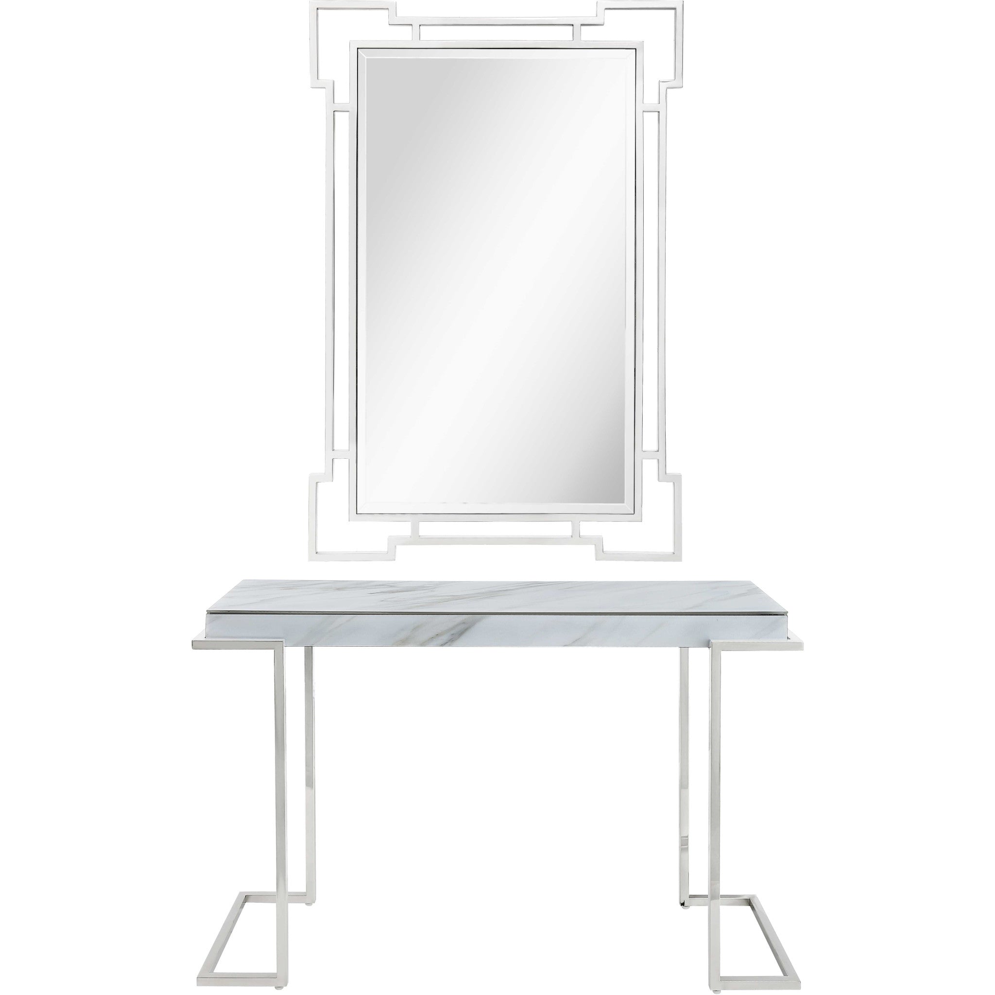 Set of Two 46 White and Silver Faux Marble Mirrored Sled Console Table