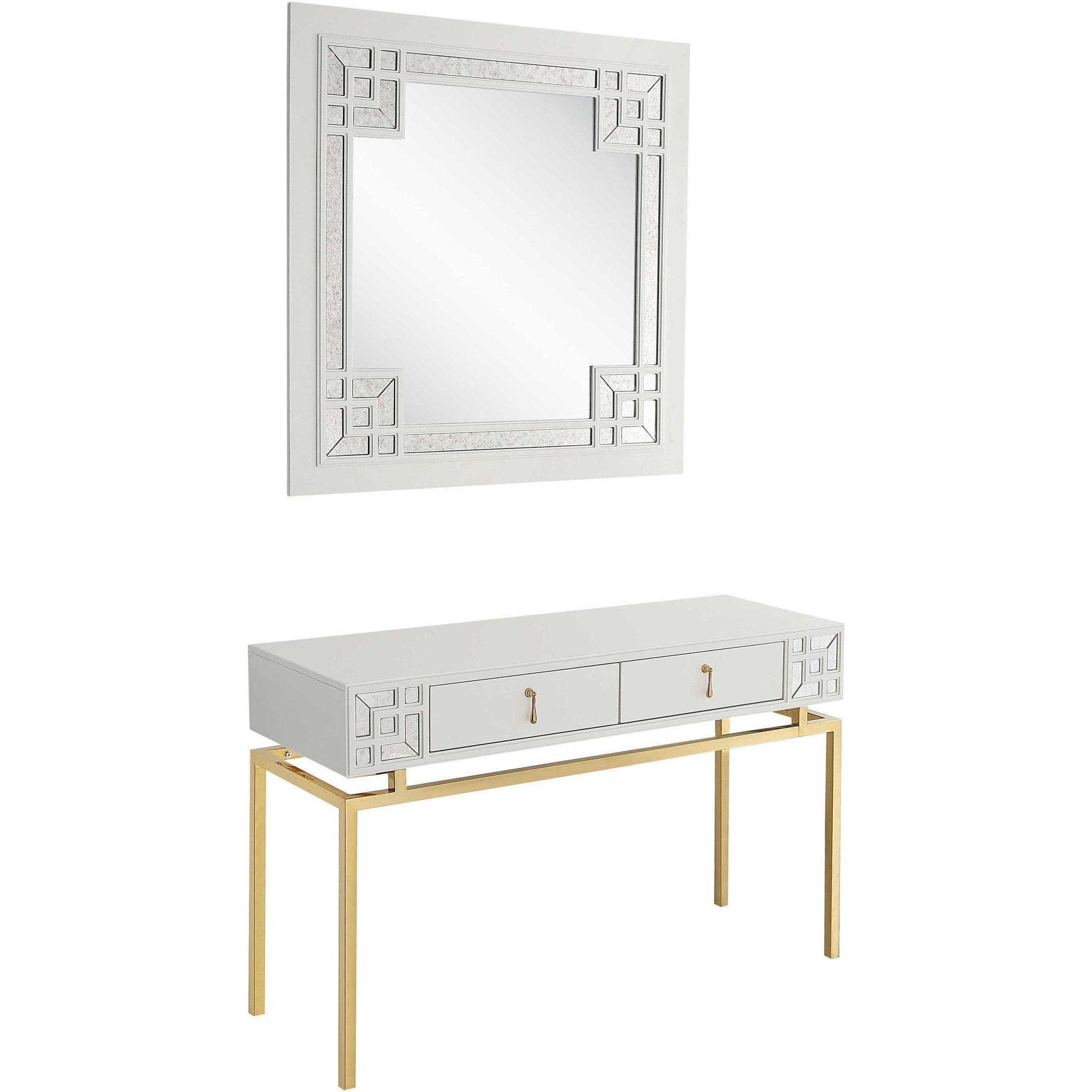 Set of Two 47 White and Gold Wood and Manufactured Wood Blend Mirrored Console Table And Drawers