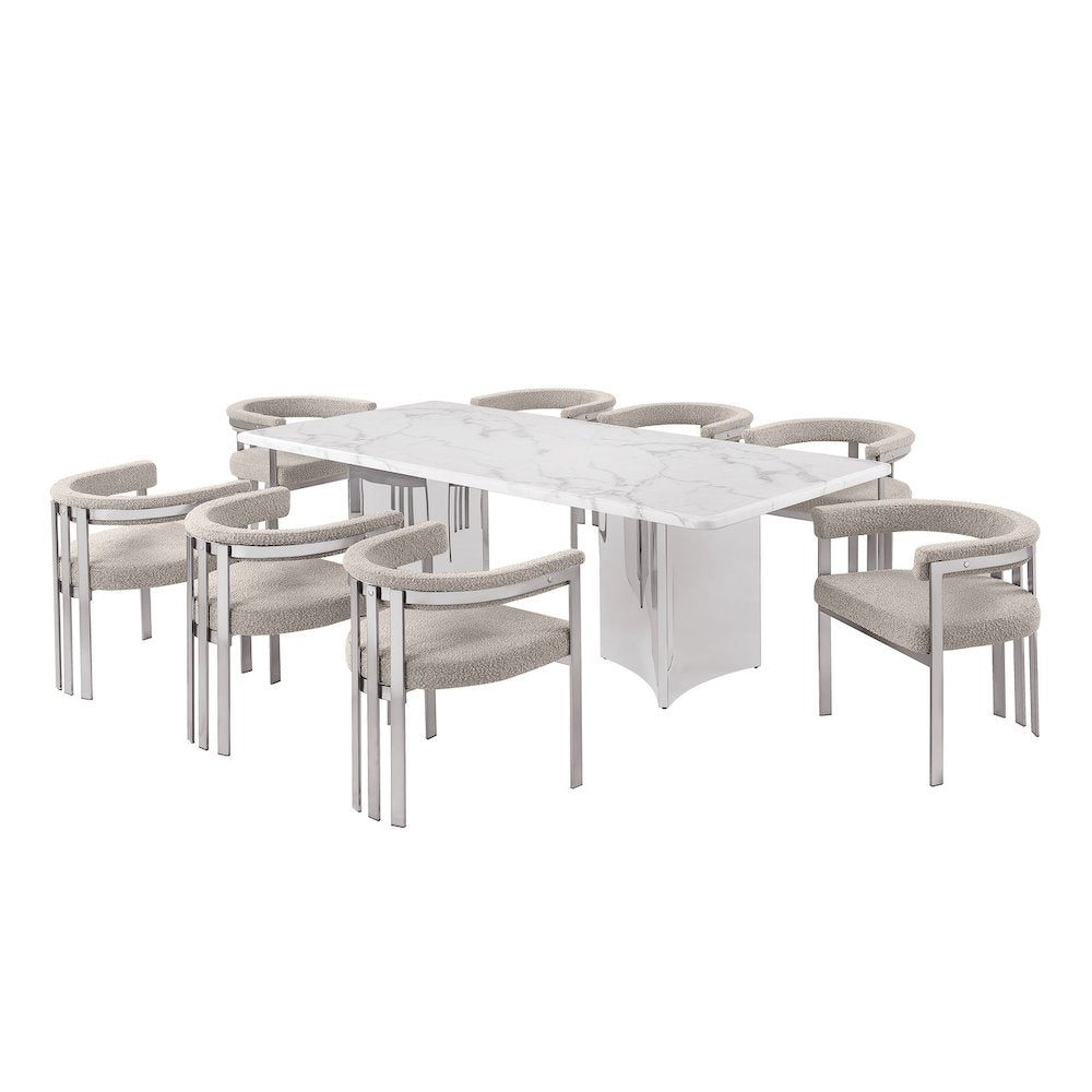 9pc Rectangular White Marble Top with 8 Gray Boucle Fabric Chairs
