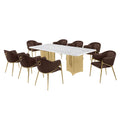 9pc Rectangular White Marble Top with Espresso Boucle Fabric Chairs Gold Base