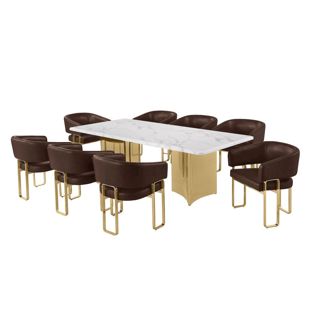 9pc Dining Table Set with White Marble Top with 8 Espresso Leathaire Chair