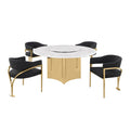5pc Circle Marble Top Gold Base With Lazy Susan and 4 Black Chairs