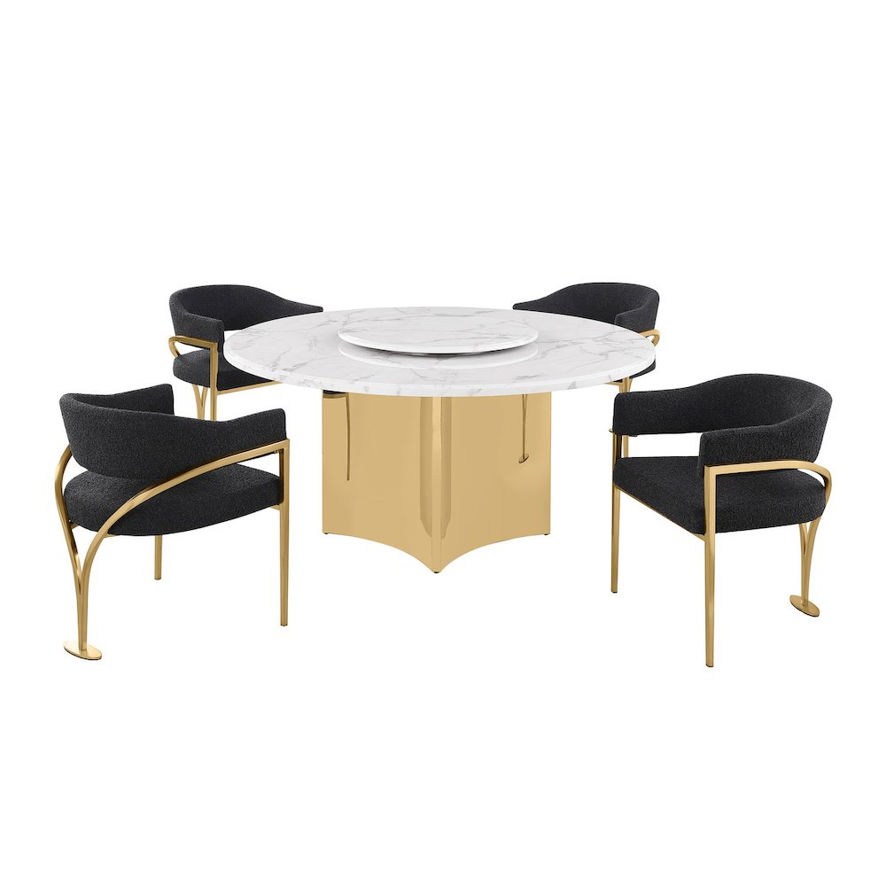 5pc Circle Marble Top Gold Base With Lazy Susan and 4 Black Chairs