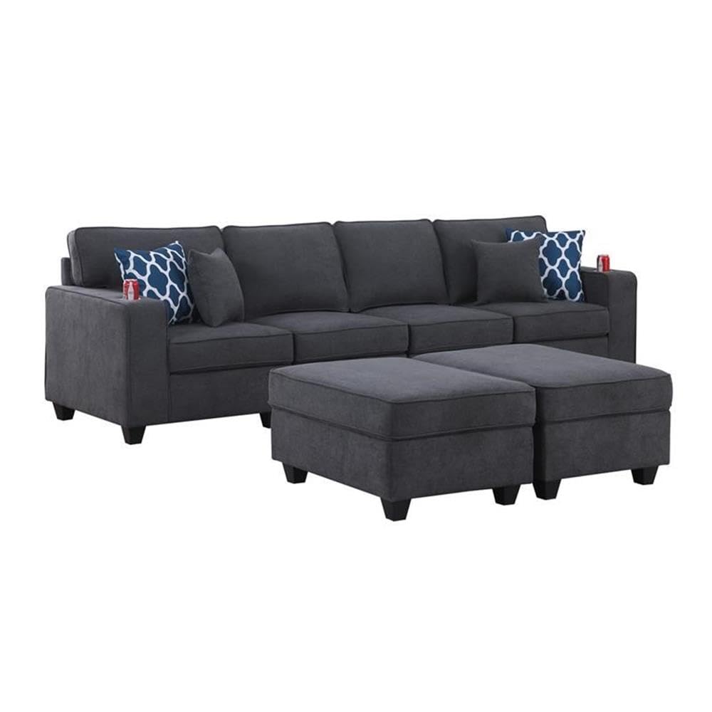 Lilola Home Cooper Stone Gray Woven Fabric 4-Seater Sofa with 2 Ottomans and Cupholder