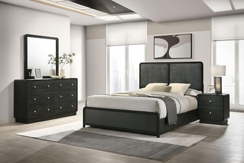 Coaster Home Furnishings Cavelle Transitional 4-Piece Bedroom Set Chenille Upholstered Eastern King Size Panel Bed Frame 51-inch Headboard Black 223661KE-S4