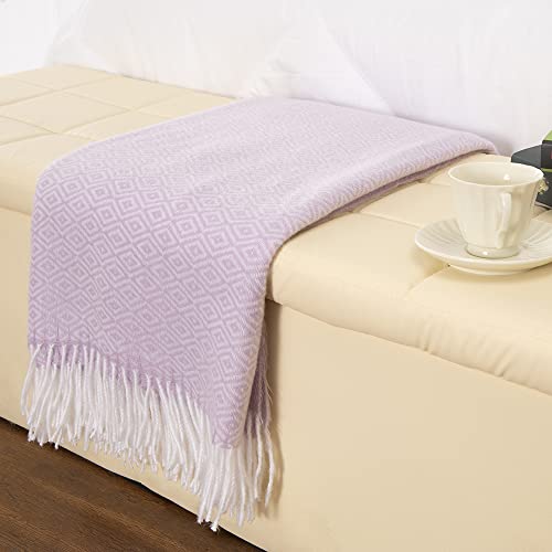 Gealaek Decorative Diamond Lattice Faux Cashmere Throw Blanket Pink Lavender Fringe Lightweight Fuzzy Soft Cozy Throws For Sofa