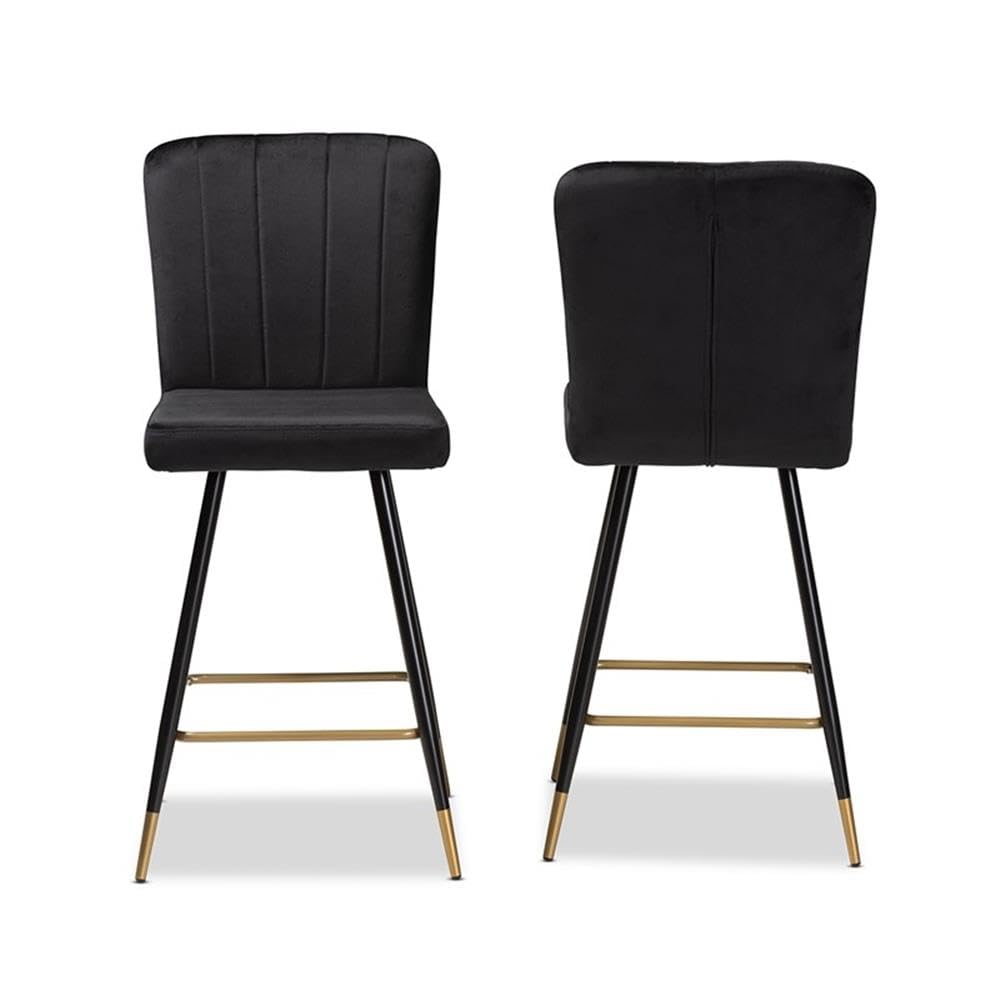 Baxton Studio Preston Modern Luxe and Glam Black Velvet Fabric Upholstered and Two-Tone Black and Gold Finished Metal 2-Piece Bar Stool Set