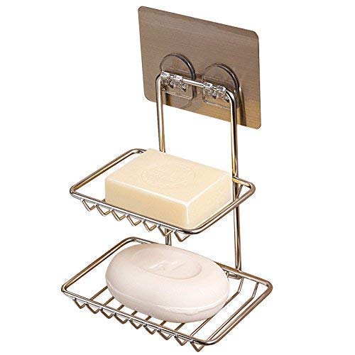 Murtisiddh Wall Mount SelfAdhesive Stainless Steel Waterproof Kitchen Bathroom Double Layer Soap Dish Holder (Silver)