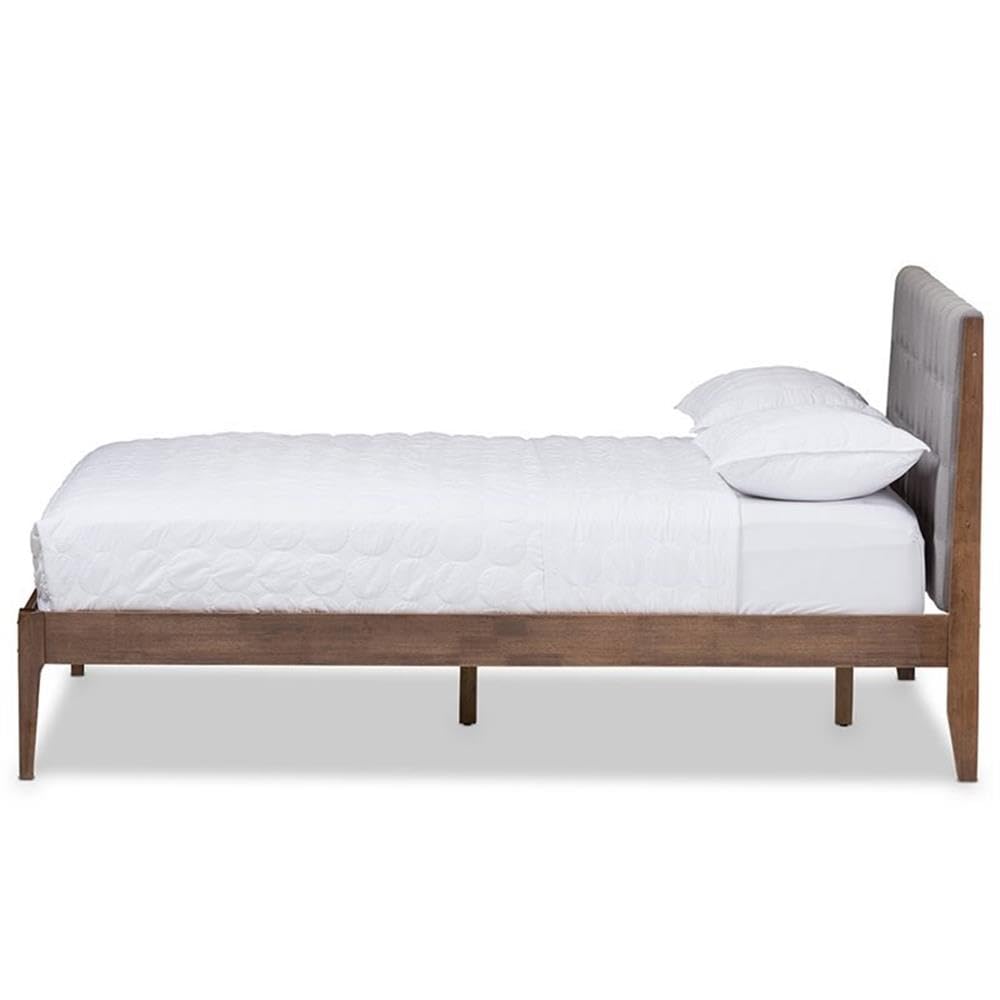 Baxton Studio Clifford Mid-Century Light Grey Fabric and Medium Brown Finish Wood Queen Size Platform Bed