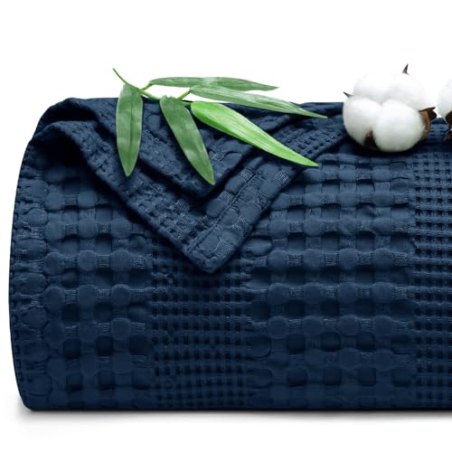 Phf Cooling Waffle Blanket Queen Size, Lightweight 60% Rayon Derived From Bamboo & 40% Cotton Breathable Blanket For Hot Sleepers, Soft And Luxury For Bed Couch And Sofa, 90'X90', Navy Blue