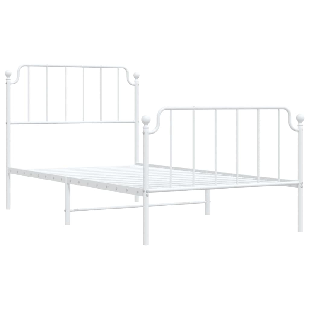 vidaXL Metal Bed Frame with Headboard and Footboard in White - Elegant Design, Extra Storage Space, Powder-Coated Steel Construction, Suitable for 39.4&quot; x 78.7&quot; Mattress