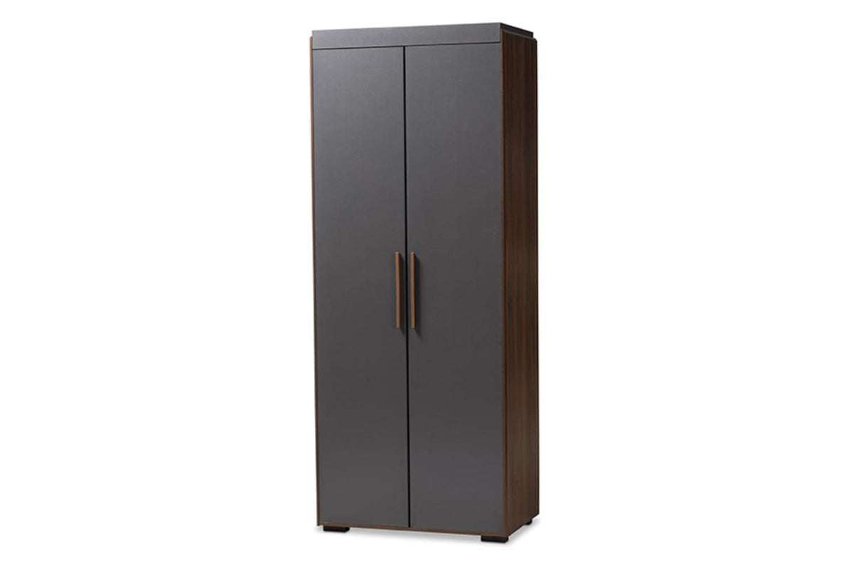 Baxton Studio Rikke Modern And Contemporary Two-Tone Gray And Walnut Finished Wood 7-Shelf Wardrobe Storage Cabinet