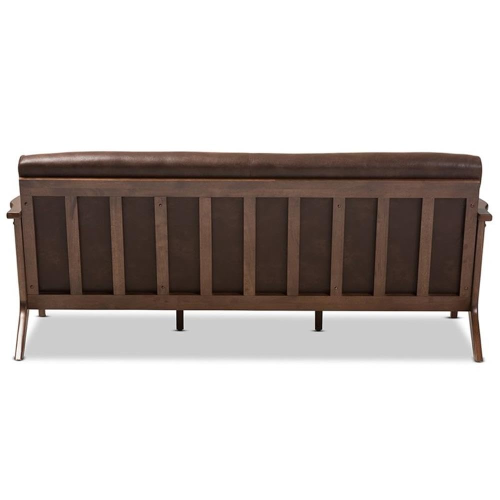 Baxton Studio Bianca Mid-Century Modern Walnut Wood Dark Brown Distressed Faux Leather 3-Seater Sofa/Mid-Century/Dark Brown/Walnut Brown/Faux Leather/Rubber Wood