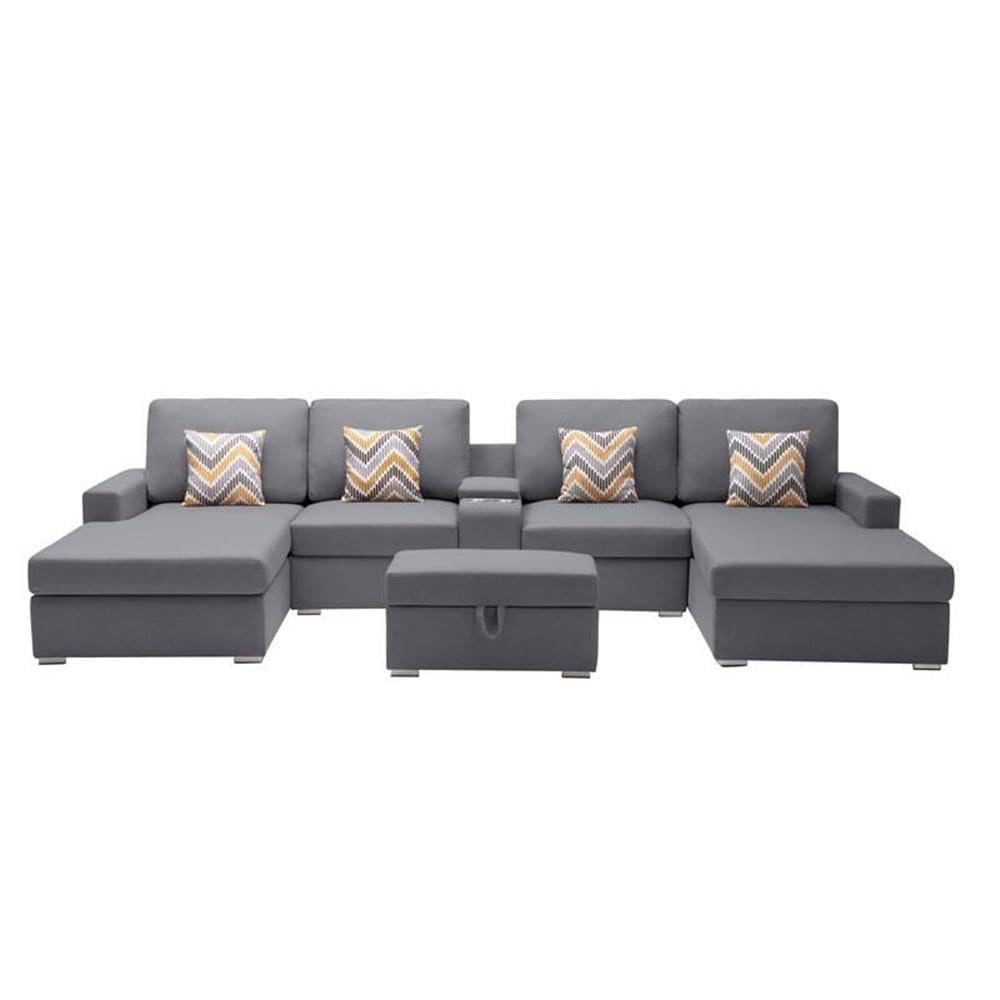 Lilola Home Nolan Gray Linen Fabric 6Pc Double Chaise Sectional Sofa with Interchangeable Legs, Storage Ottoman, Pillows, and a USB, Charging Ports, Cupholders, Storage Console Table