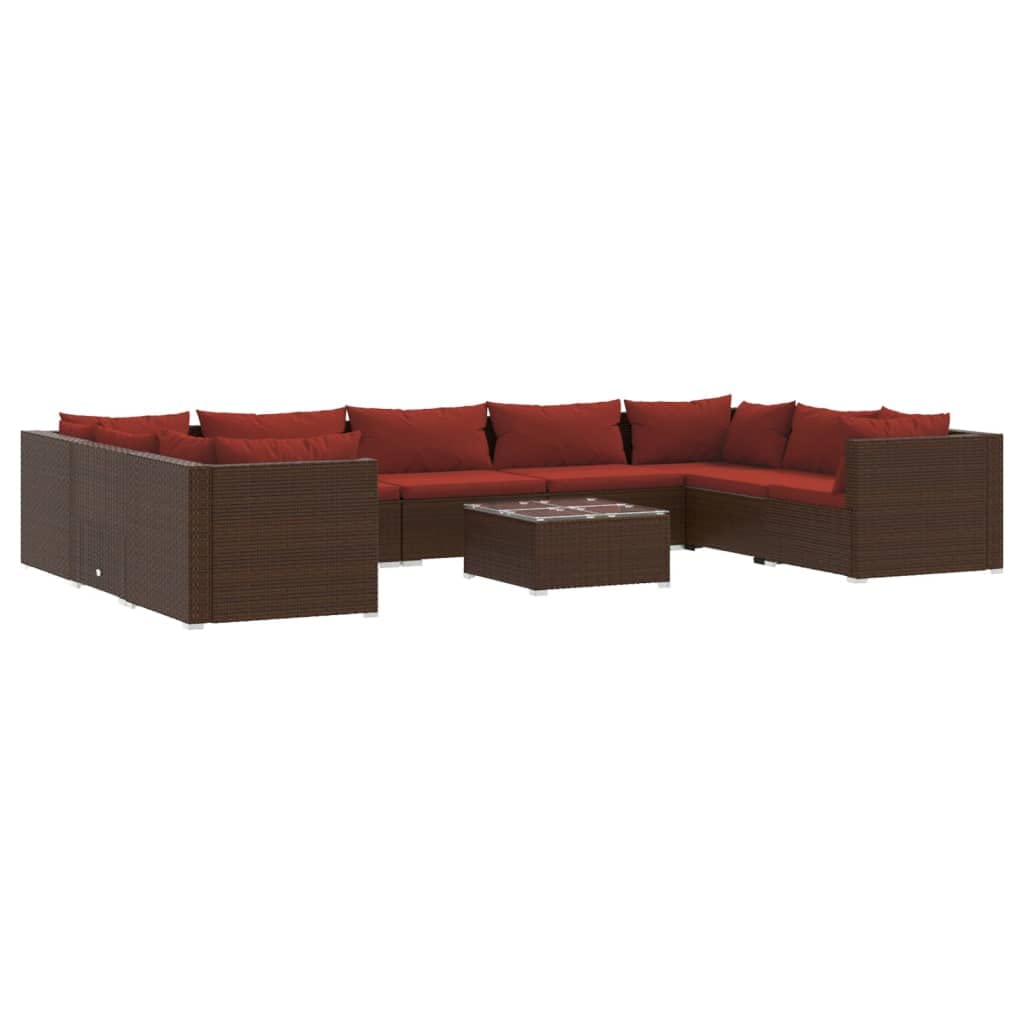 vidaXL Outdoor Patio Lounge Set in Brown Poly Rattan - 10 Piece Set with Cushions - Modular Design for Customized Arrangement - Sturdy Powder-Coated Steel Frame