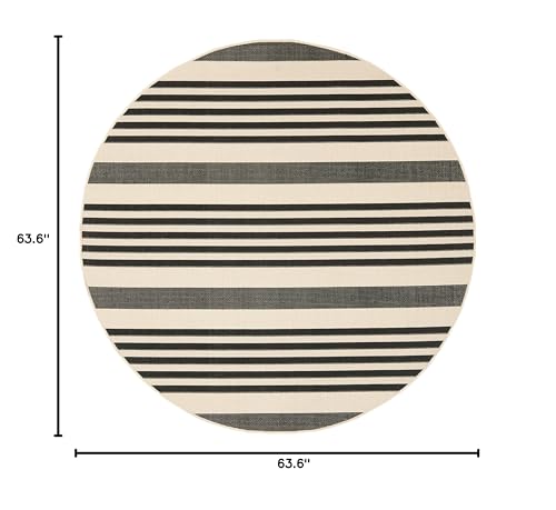 Safavieh Courtyard Collection Area Rug - 5'3'' Round, Black & Bone, Stripe Design, Non-Shedding & Easy Care, Indoor/Outdoor & Wa