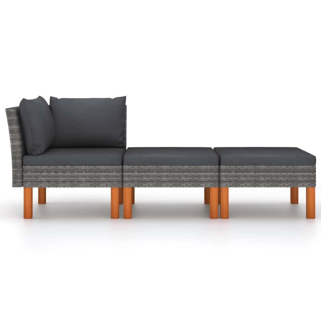 vidaXL 3-Piece Patio Lounge Set/Joyful Gray Poly Rattan Sofa Set with Solid Eucalyptus Wood Legs/Comes with Comfortable, Washable Anthracite Cushions for Relaxation