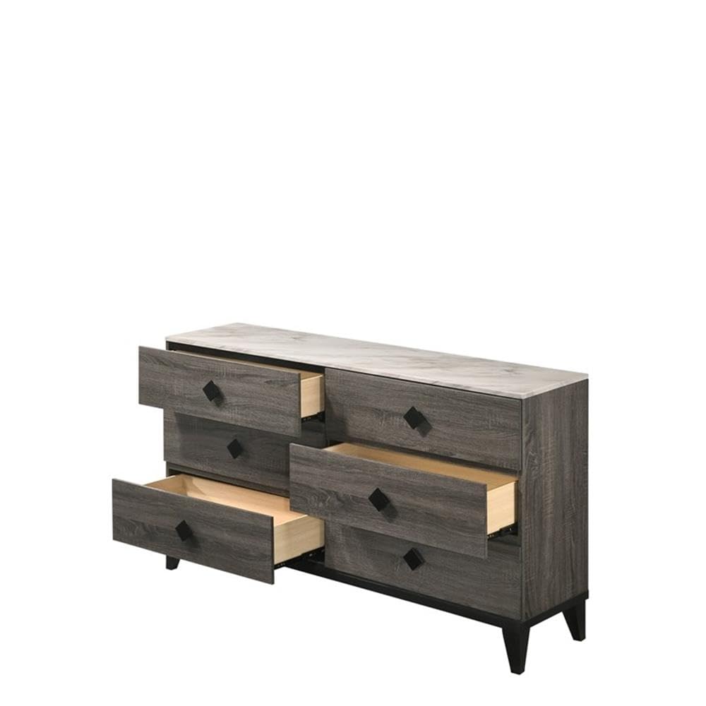 Acme Avantika Dresser In Faux Marble And Rustic Gray Oak
