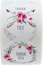 Sblabels Boho Chic Thank You Stickers / 1.5' Thanks Labels / 6 Floral And Feather Thank You Designs / 500 Thanks Stickers/Made