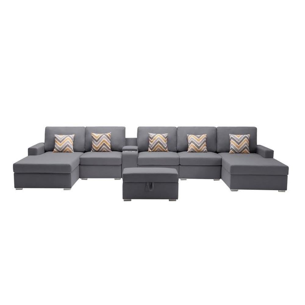 Lilola Home Nolan Gray Linen Fabric 7Pc Double Chaise Sectional Sofa with Interchangeable Legs, Storage Ottoman, Pillows, and a USB, Charging Ports, Cupholders, Storage Console Table
