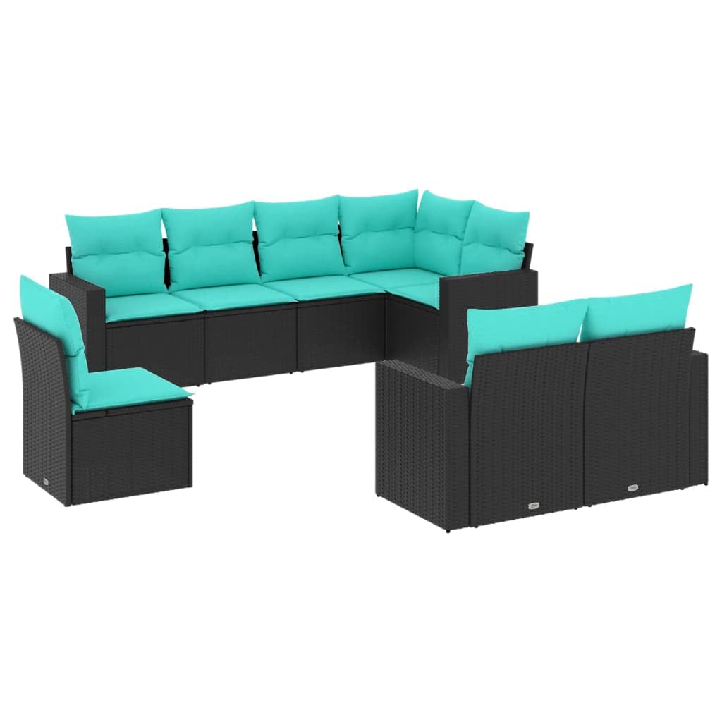 vidaXL Patio Sofa Set with Cushions - Black/Blue 8 Piece Poly Rattan Outdoor Sectional Furniture for Garden, Deck, Backyard.