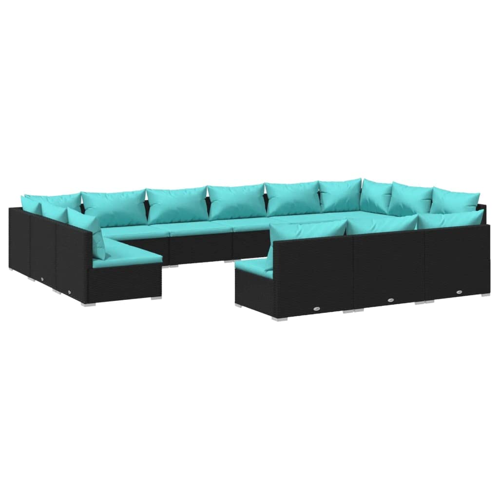 vidaXL 13 Piece Patio Lounge Set with Water-Resistant Cushions - Versatile Modular Outdoor Sofa Furniture - Black Poly Rattan and Blue Polyester
