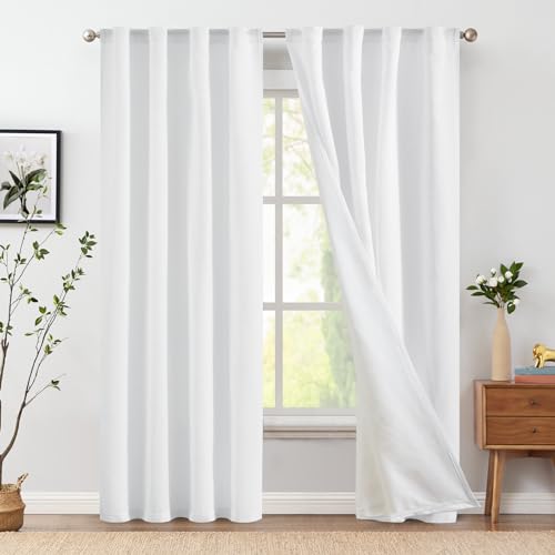 Jinchan Linen Blend White Curtains 84 Inches Long For Living Room Farmhouse Rod Pocket Back Tab Light Filtering Window Drapes With Lined For Bedroom White 2 Panels
