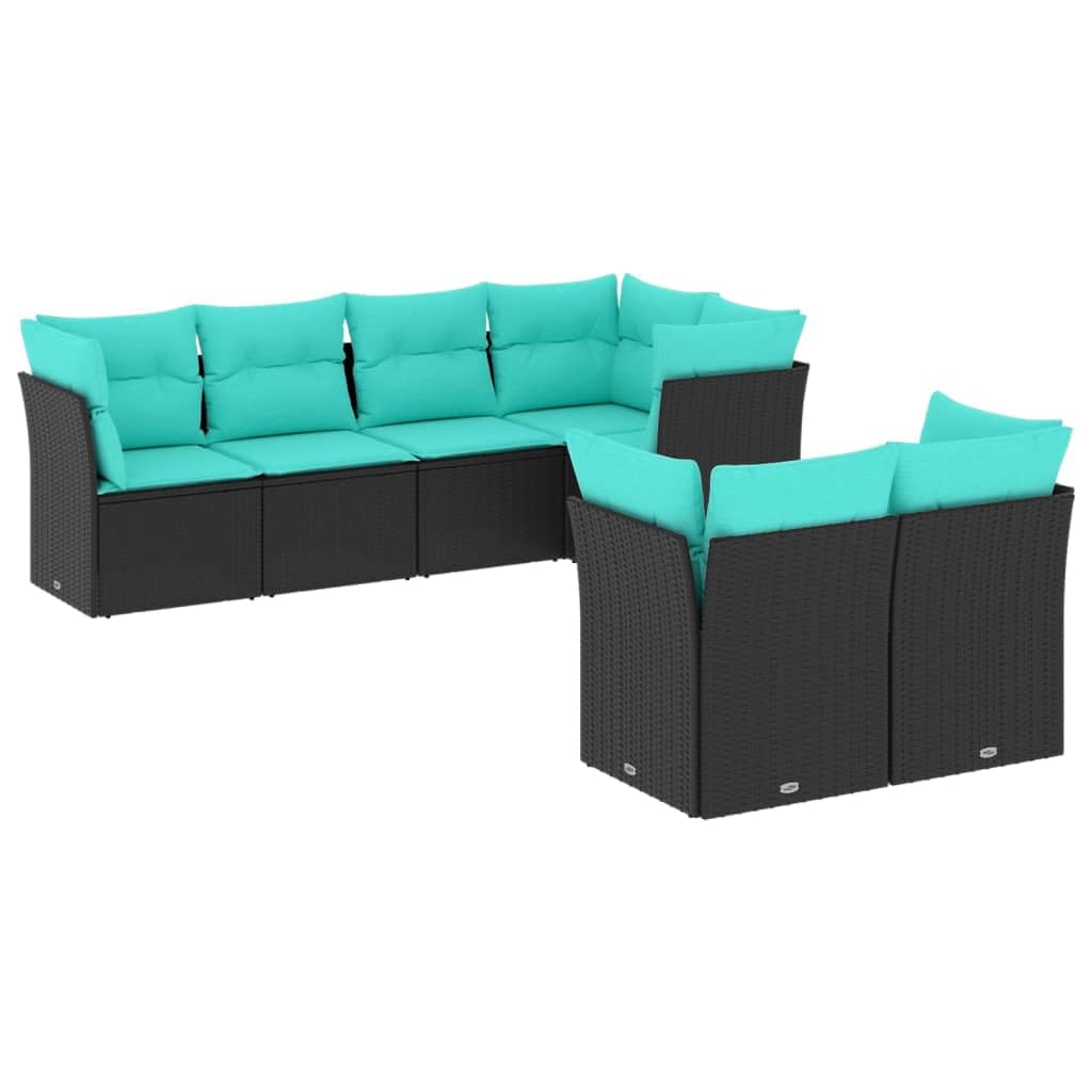 vidaXL 7 Piece Patio Sofa Set with Cushions - Black PE Rattan Outdoor Furniture, Blue Cushions, Modular Design, Easy Maintenance - Ideal for Garden, Terrace, Backyard, or Patio