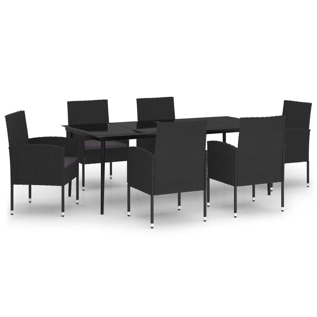 vidaXL Black Garden Patio Dining Set with PE Rattan Chairs & Glass Tabletop - Weather-Resistant Outdoor 7-Piece Furniture Set