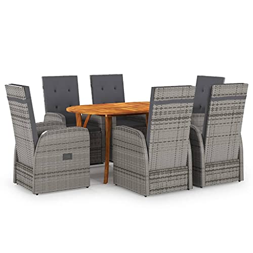 vidaXL Modern Patio Dining Set in Gray - 7 Piece Outdoor Furniture with Solid Acacia Wood Table and PE Rattan Chairs with Thick Cushions - Easy to Assemble