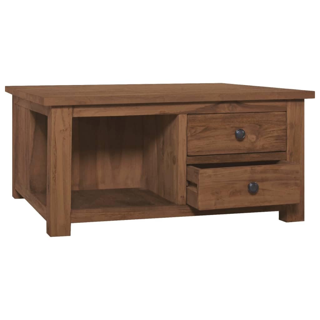 vidaXL Solid Square Teak Wood Coffee Table with Storage, 26.8&quot;x26.8&quot;x13&quot; - Rustic Style Side Table with Drawers and Lower Shelf - Living Room Furniture