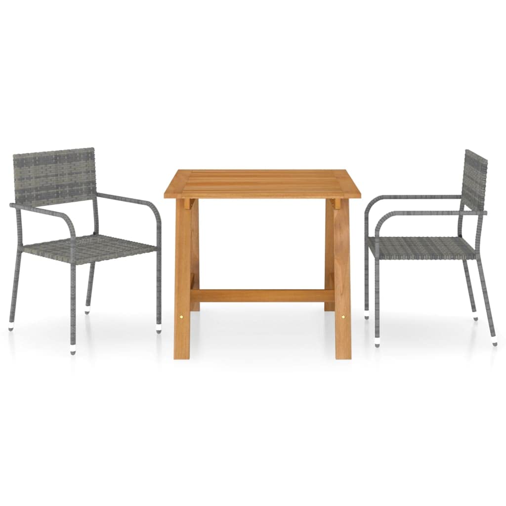 vidaXL 3 Piece Patio Dining Set, Durable Solid Acacia Wood Table with Powder-Coated Steel, Gray PE Rattan Chairs – Farmhouse Style Outdoor Furniture Set