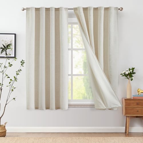 Jinchan Linen Blend Beige Curtains 63 Inch Length For Living Room Farmhouse Rod Pocket Back Tab Light Filtering Window Drapes With Lined For Bedroom Crude 2 Panels
