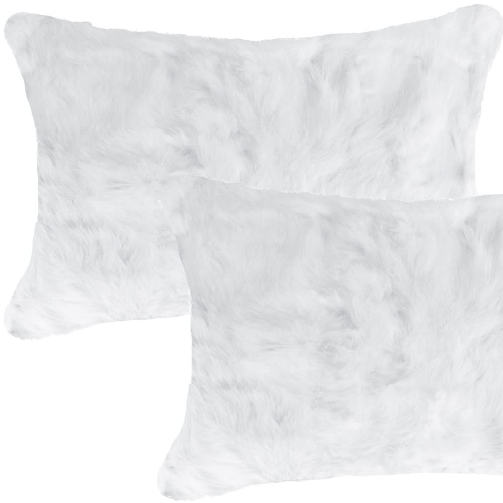 HomeRoots 100% Natural Rabbit Fur and Microsuede Set of Two 12' X 20' White Rabbit Natural Fur Throw Pillows