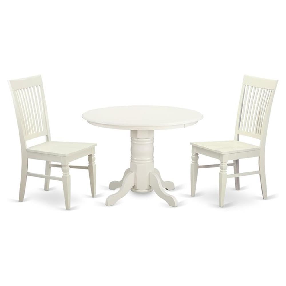 East West Furniture SHWE3-WHI-W 3 Piece Dining Room Table Set Contains a Round Kitchen Table with Pedestal and 2 Dining Chairs, 42x42 Inch, Linen White