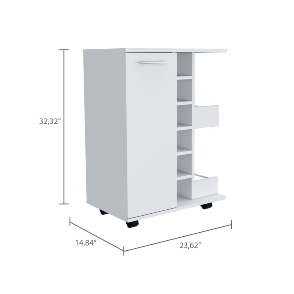 DEPOT E-SHOP Magda Bar Cart, 4 Casters, Single Door Cabinet, 2 External Shelves, White