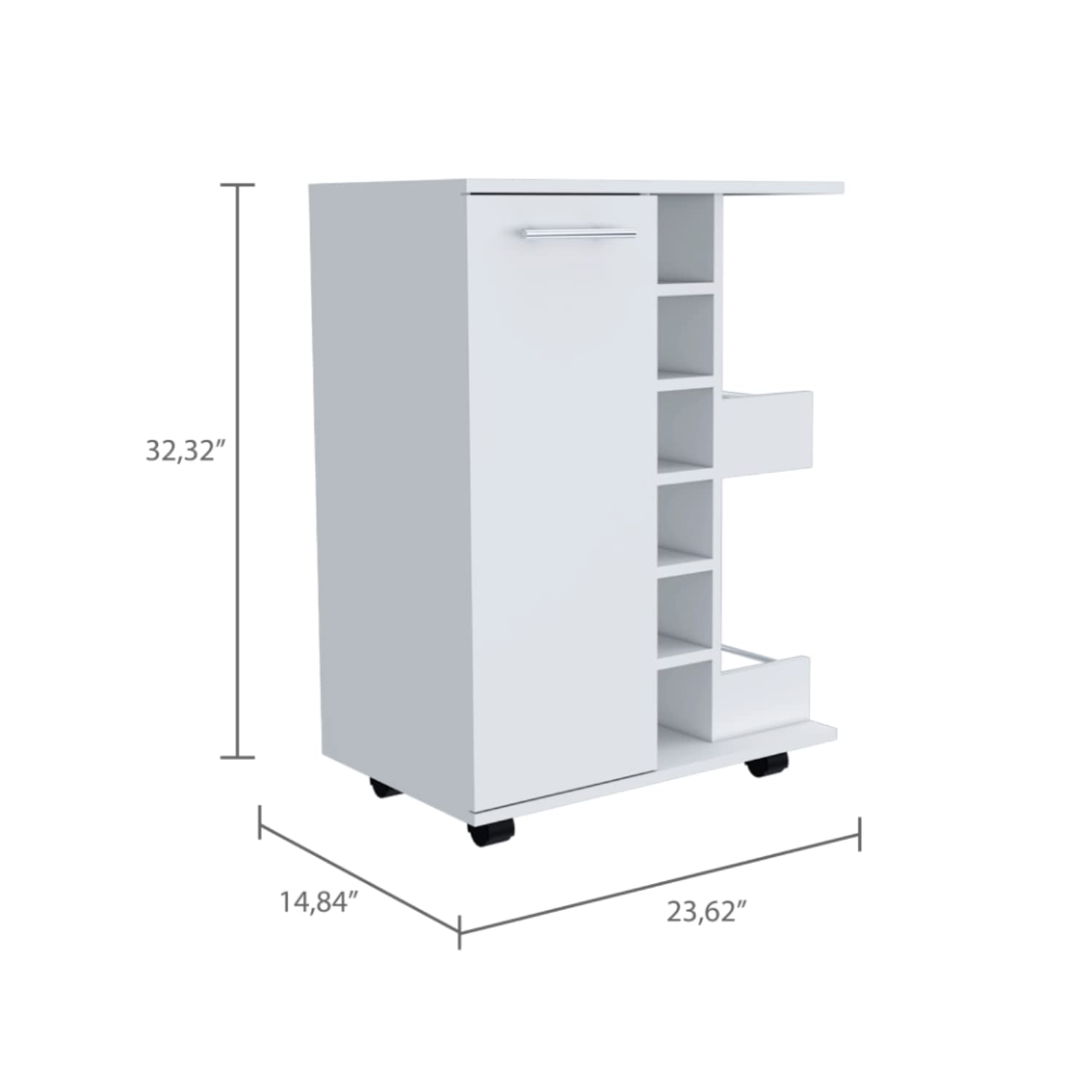 DEPOT E-SHOP Magda Bar Cart, 4 Casters, Single Door Cabinet, 2 External Shelves, White