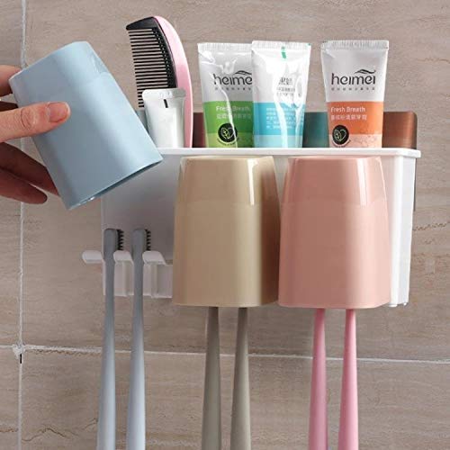 Getko With Device Wall Mounted Plastic Toothbrush Holder with 3 Cups, Bathroom Wall Hanging Storage Rack for Keeping 6 Toothbrus