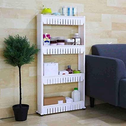 Dj Enterprise 4 Layer Plastic Space Saving Storage Organizer Slim Rack With Wheels | Slim Slide Out Kitchen Trolley Rack Holder 