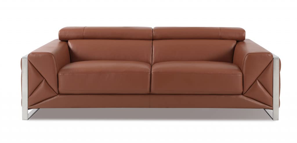 HomeRoots 89&quot; Camel Brown and Chrome Genuine Leather Standard Sofa